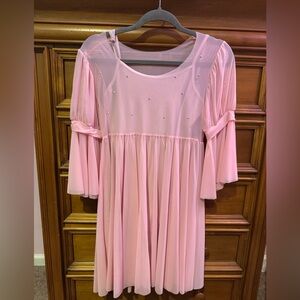 Pink Mesh Dance Dress with Rhinestone Accents